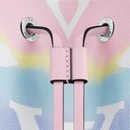 Pink earbuds with a branded case on a colorful background