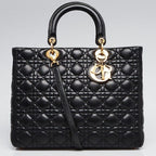 Dior Large Lady Dior Cannage Lambskin Bag - Black