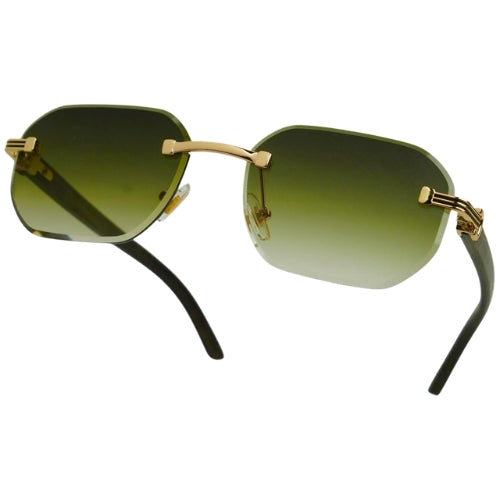 Sunglasses with gold frames and green gradient lenses on a white background