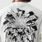 White t-shirt with black and white graphic design of an anime character on a plain background