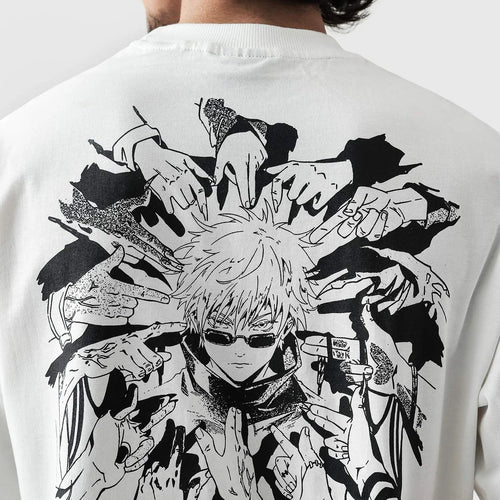 White t-shirt with black and white graphic design of an anime character on a plain background