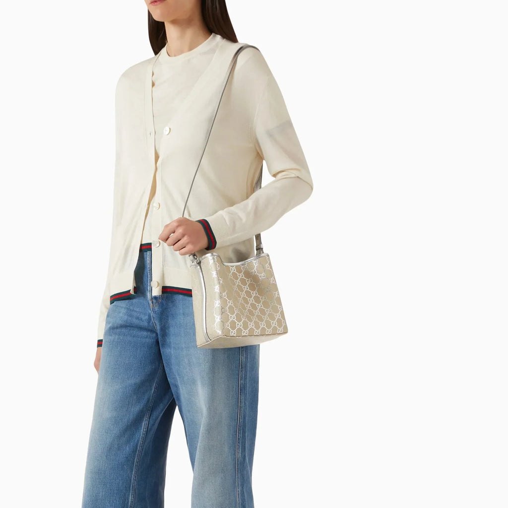 Gucci GG Supreme Monogram Emblem Leather Shoulder Bag - Beige