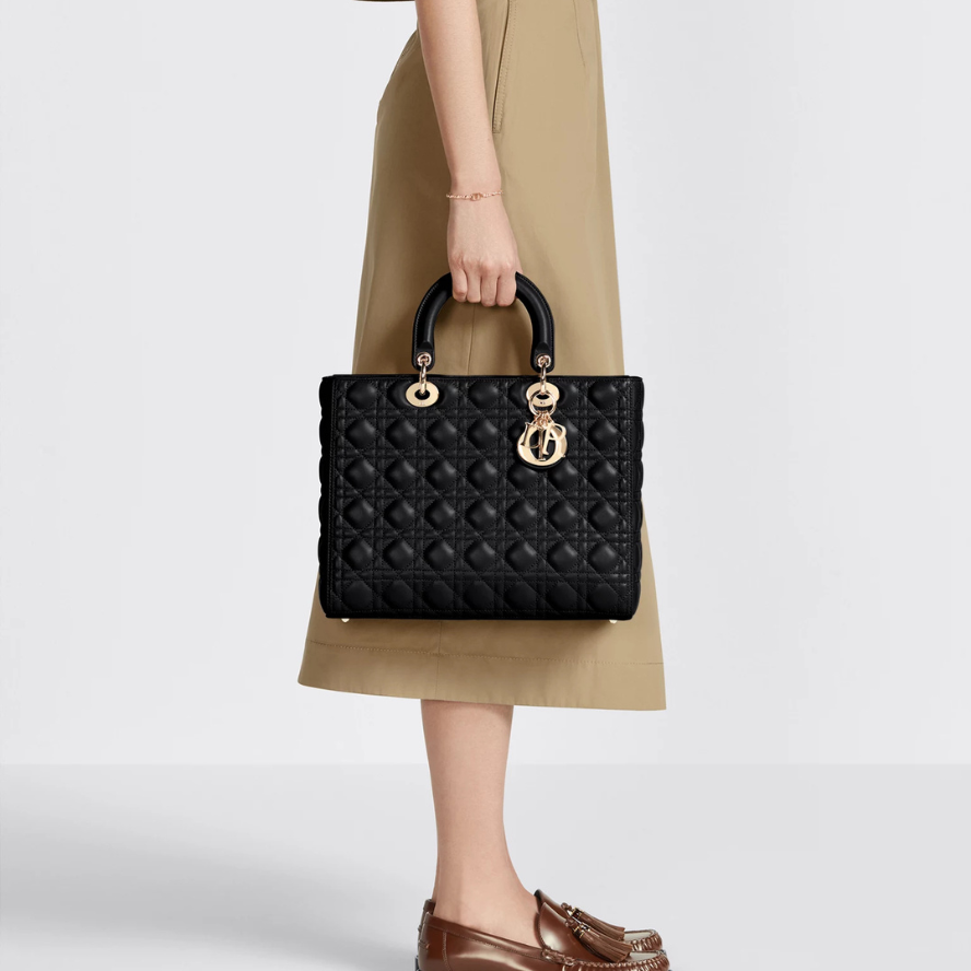 Dior Large Lady Dior Cannage Lambskin Bag - Black