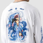 White long-sleeve shirt with a colorful graphic of a character on the back, displayed by a person.