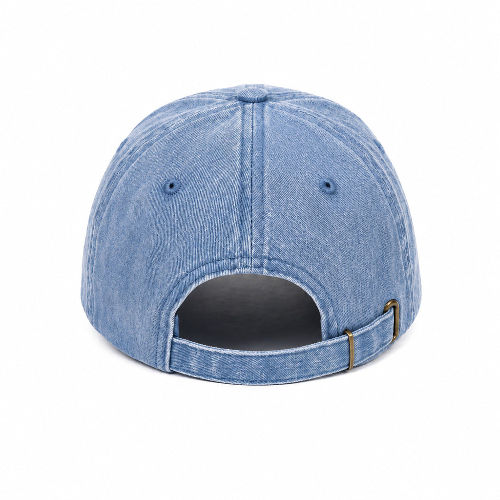 Blue denim cap on a white background