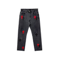 Chrome Hearts Levi's 501 Grey Denim Jeans, black and red cross patch detailing on grey wash