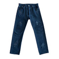 Chrome Hearts Blue Denim Jeans, Levi's collaboration with cross patch detailing on the back pocket