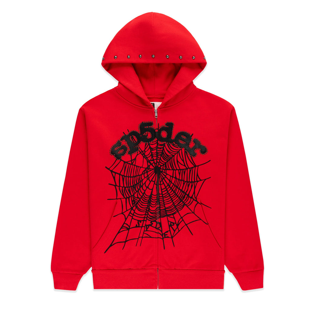 Sp5der Og Web Studded Zip Hoodie - Red