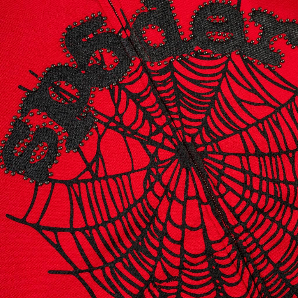 Sp5der Og Web Studded Zip Hoodie - Red