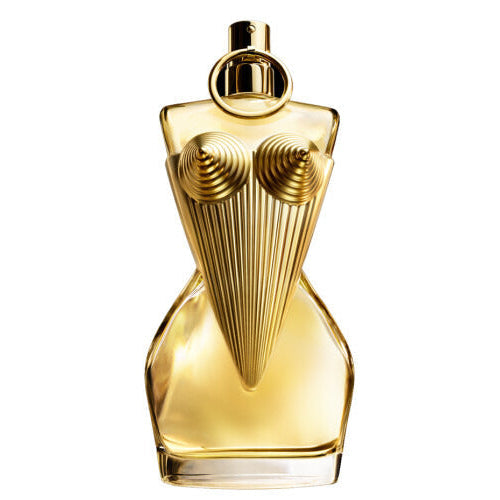 Gold perfume bottle on a white background