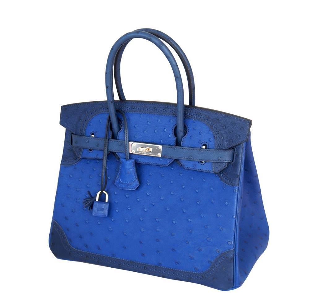 Hermes Birkin 30 Ghillies Tri-Color Blue Ostrich Permabrass