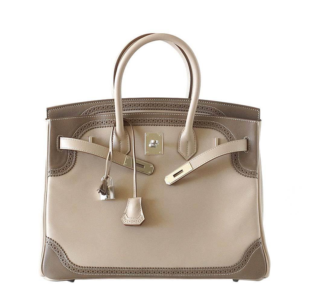 Hermes Birkin 35 Ghillies Limited Edition Argile & Etoupe Swift Leather Palladium Hardware