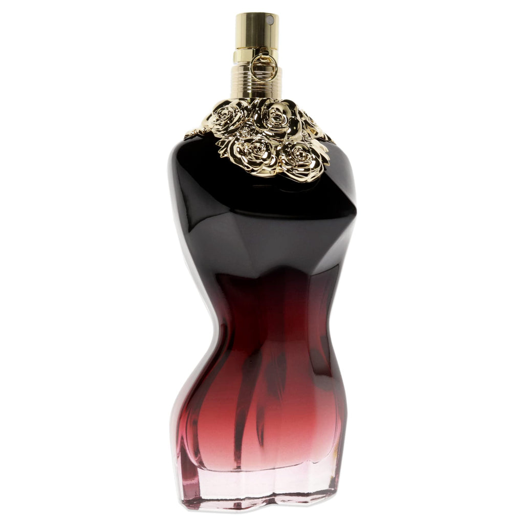 Black and red perfume bottle with floral design on cap against a white background
