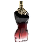 Black and red perfume bottle with floral design on cap against a white background