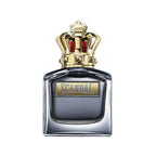 Perfume bottle with gold crown and 'Scandal' label on a white background