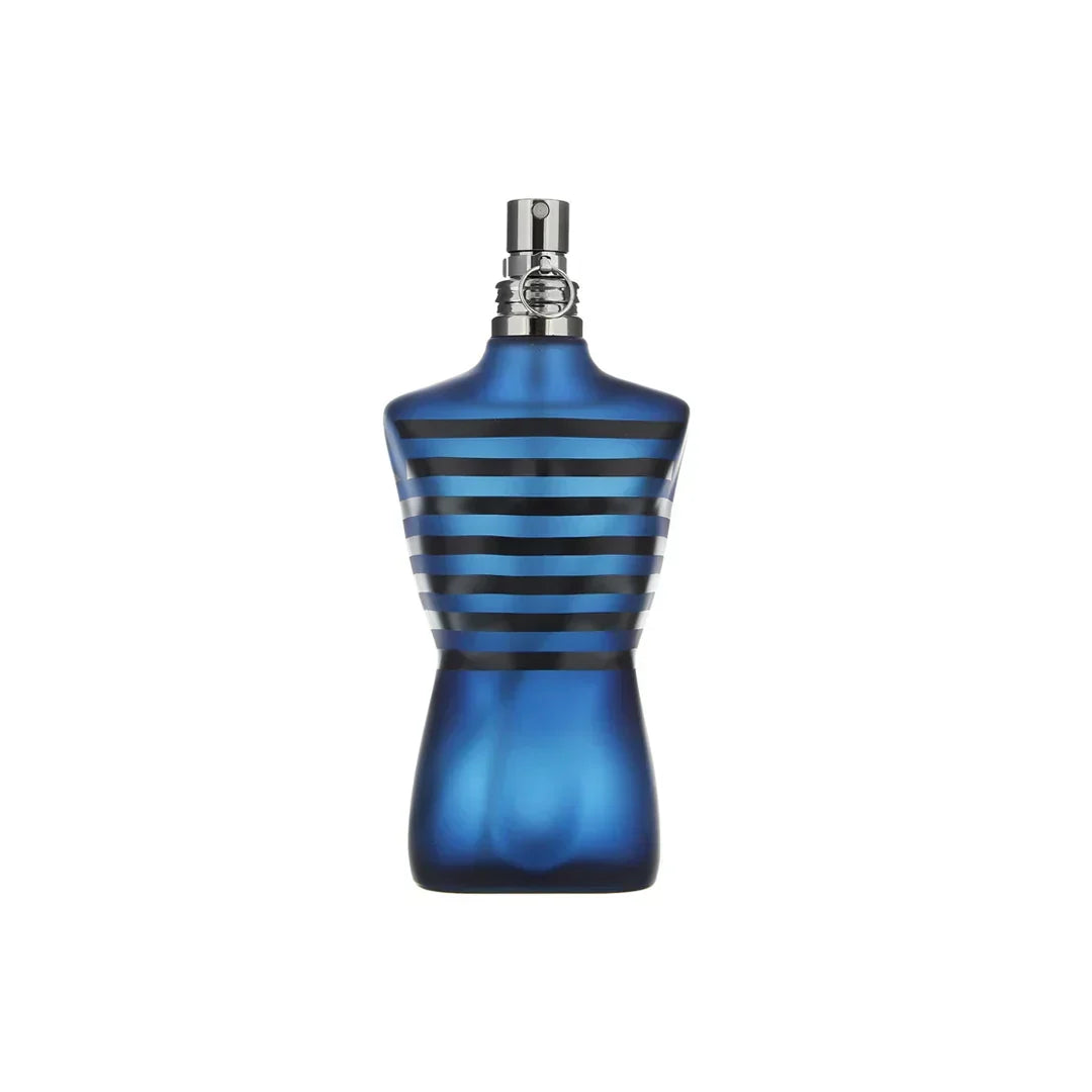 Blue perfume bottle with black stripes on a white background