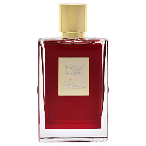 Red perfume bottle with gold cap on a white background