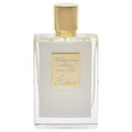 Perfume bottle with gold cap and label on a white background