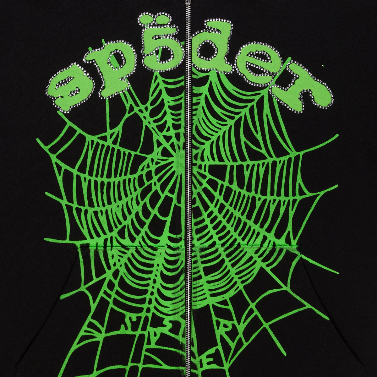 Sp5der Ca$h Og Web V2 Rhinestone Zip Hoodie - Black