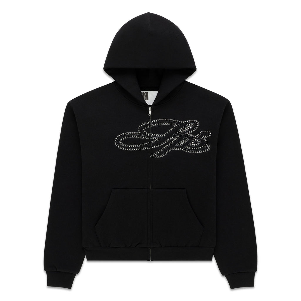 Sp5der Rhinestone Script Zip Hoodie - Black