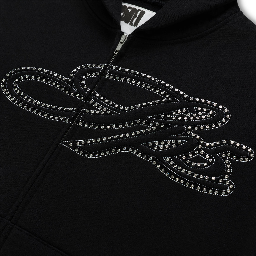 Sp5der Rhinestone Script Zip Hoodie - Black