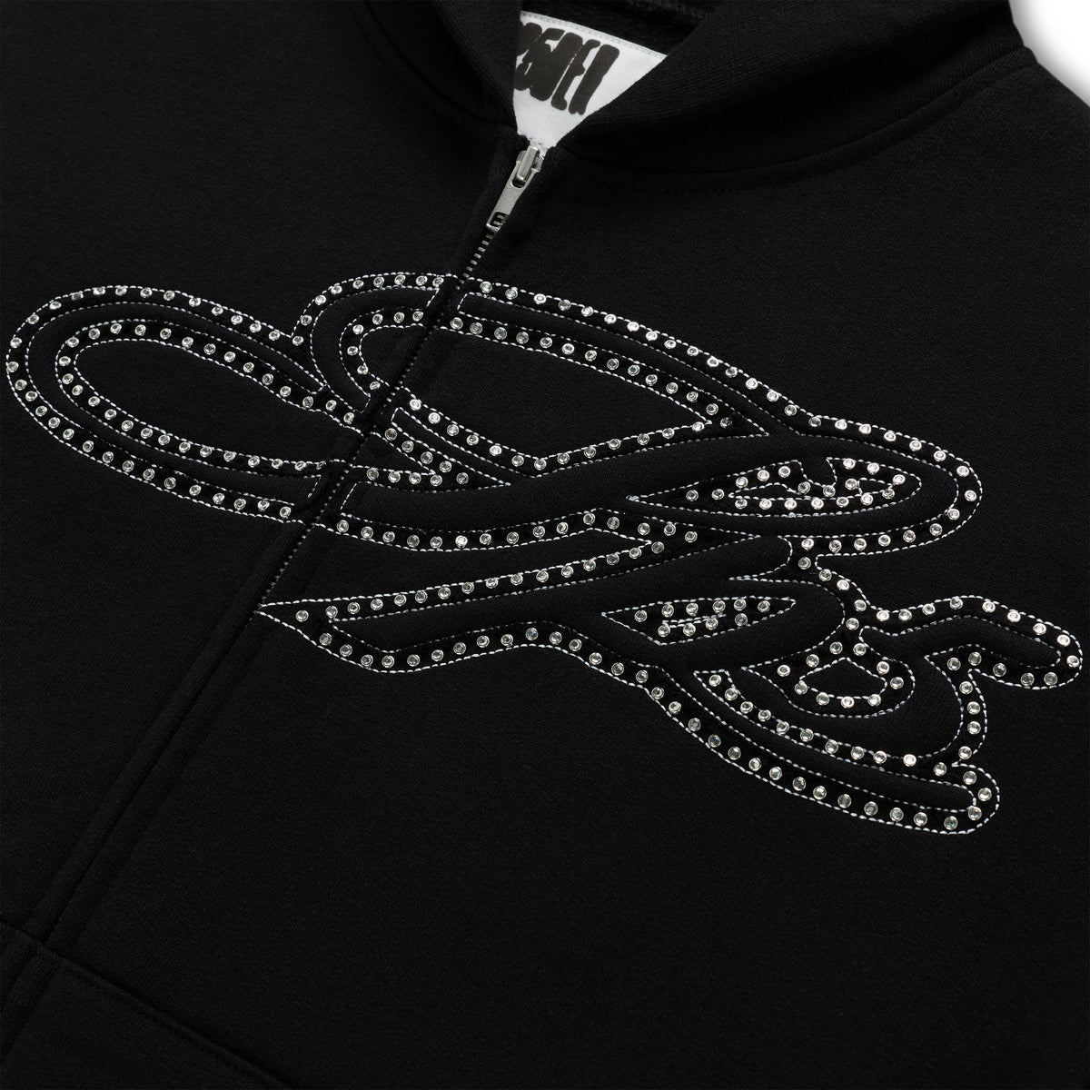 Sp5der Rhinestone Script Zip Hoodie - Black