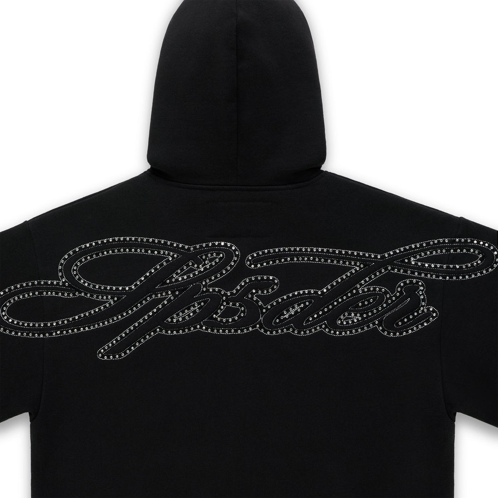 Sp5der Rhinestone Script Zip Hoodie - Black