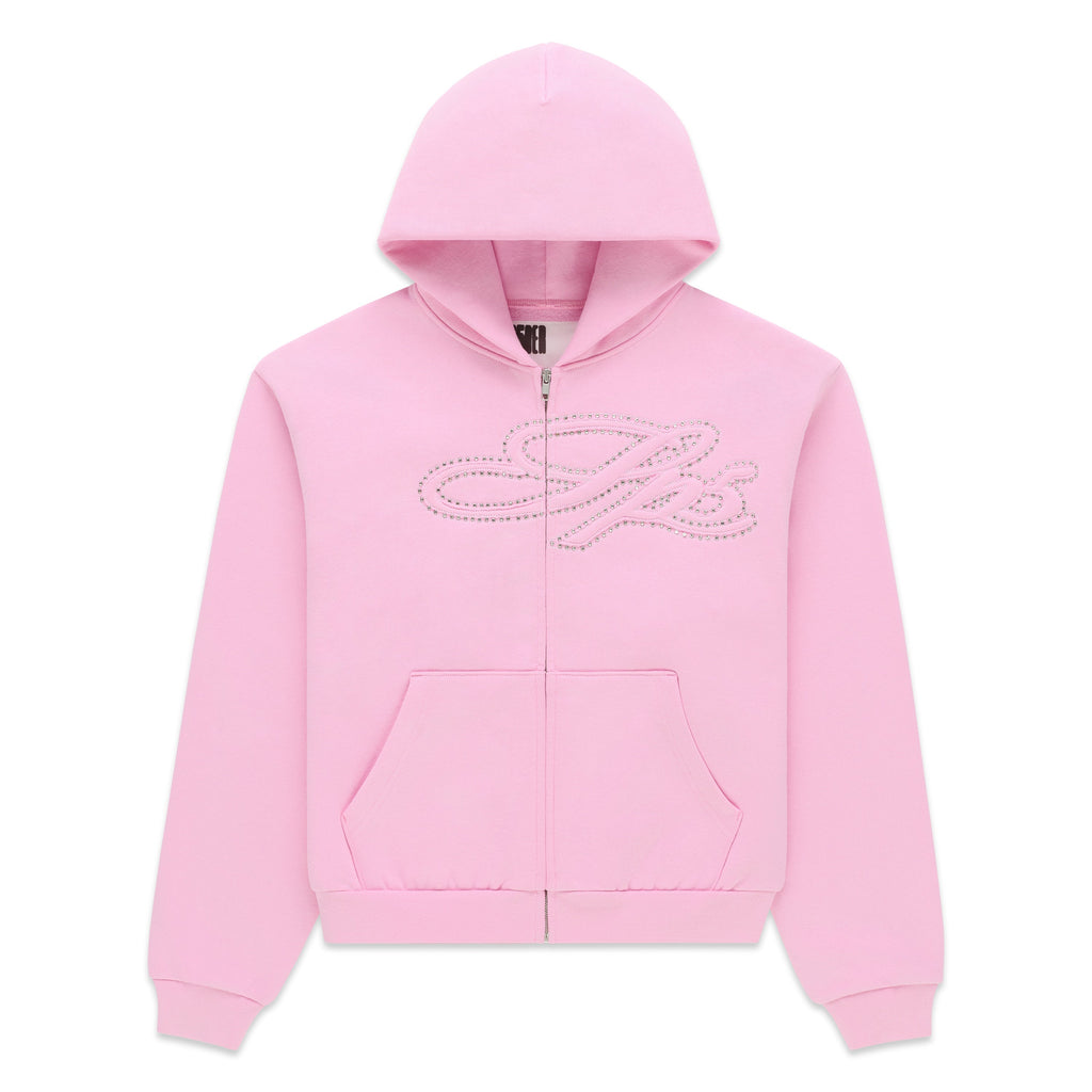 Sp5der Rhinestone Script Zip Hoodie - Light Pink