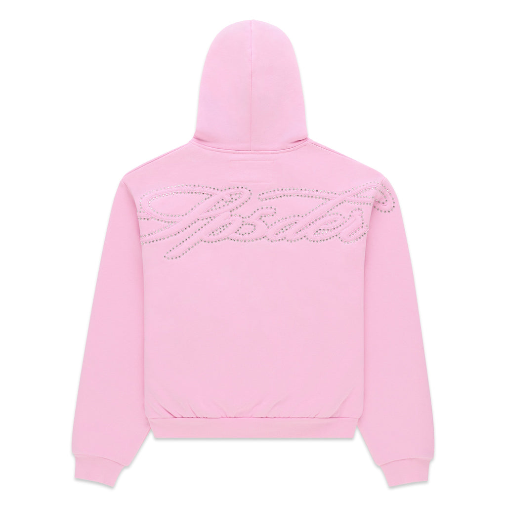 Sp5der Rhinestone Script Zip Hoodie - Light Pink