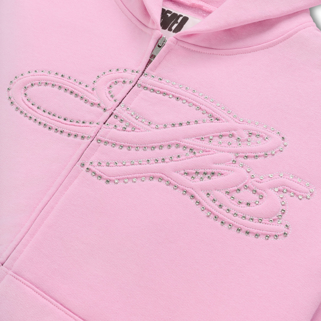 Sp5der Rhinestone Script Zip Hoodie - Light Pink