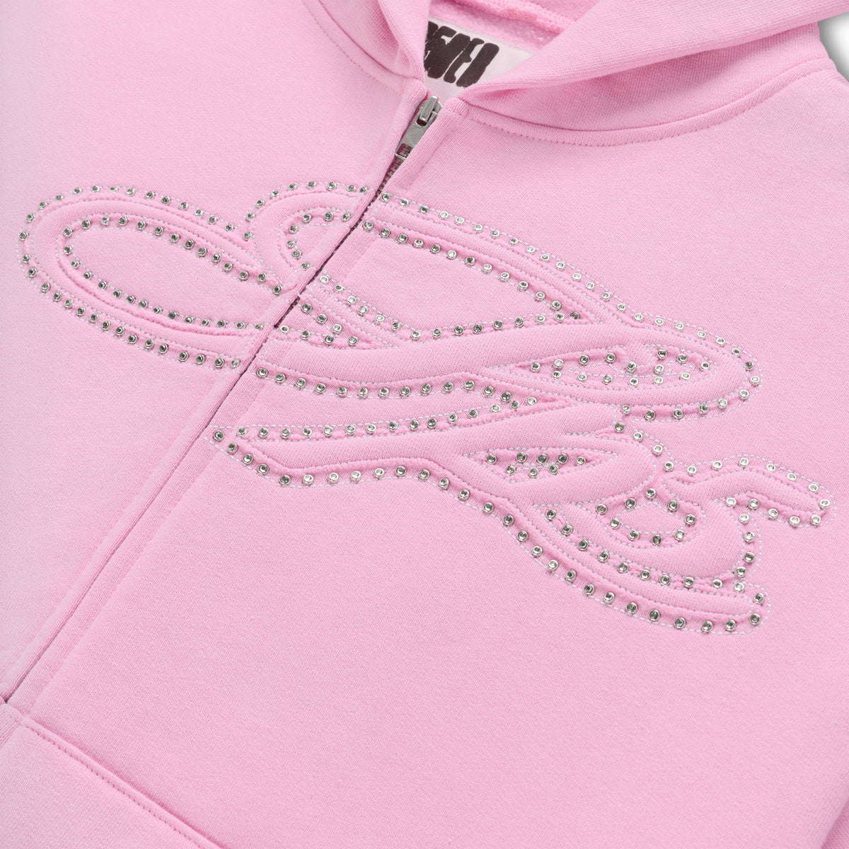 Sp5der Rhinestone Script Zip Hoodie - Light Pink