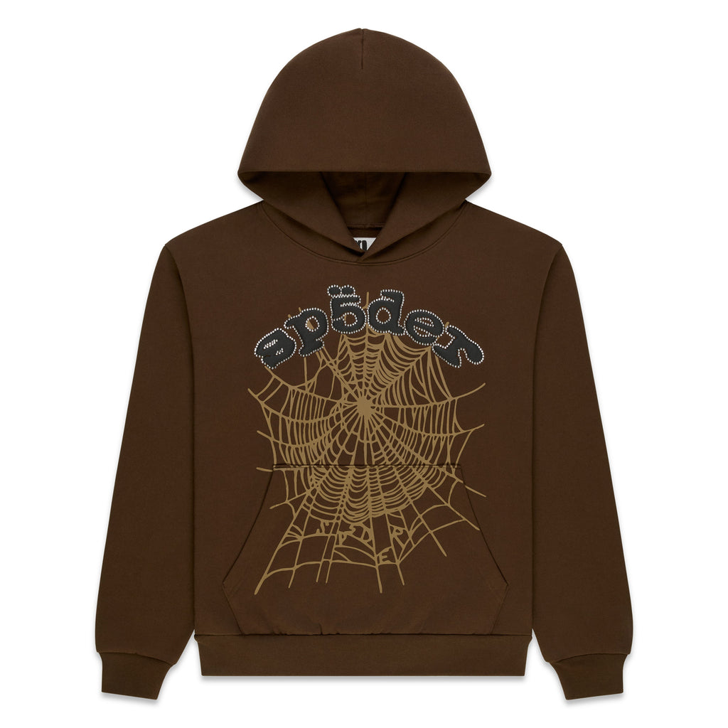 Sp5der Rhinestone Og Web Hoodie - Brown