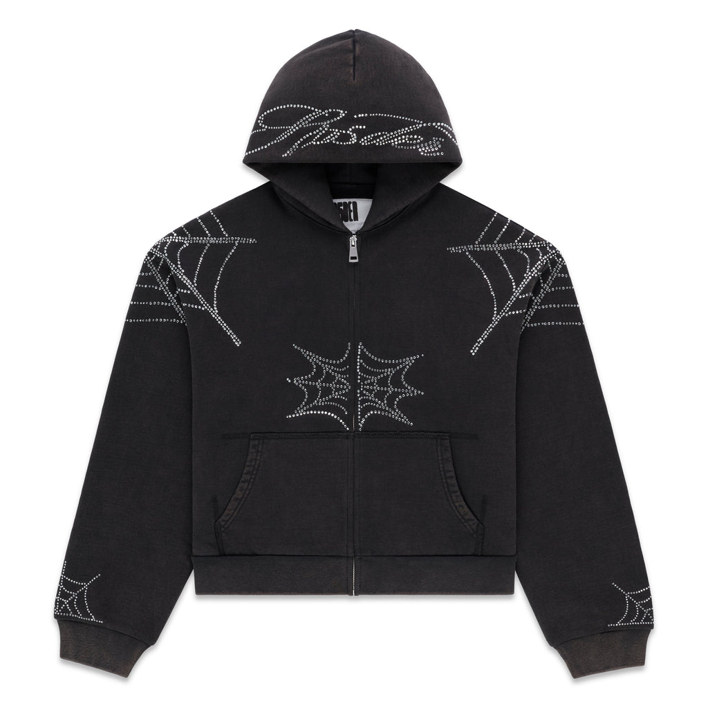 Sp5der Rhinestone Web Zip Hoodie - Black