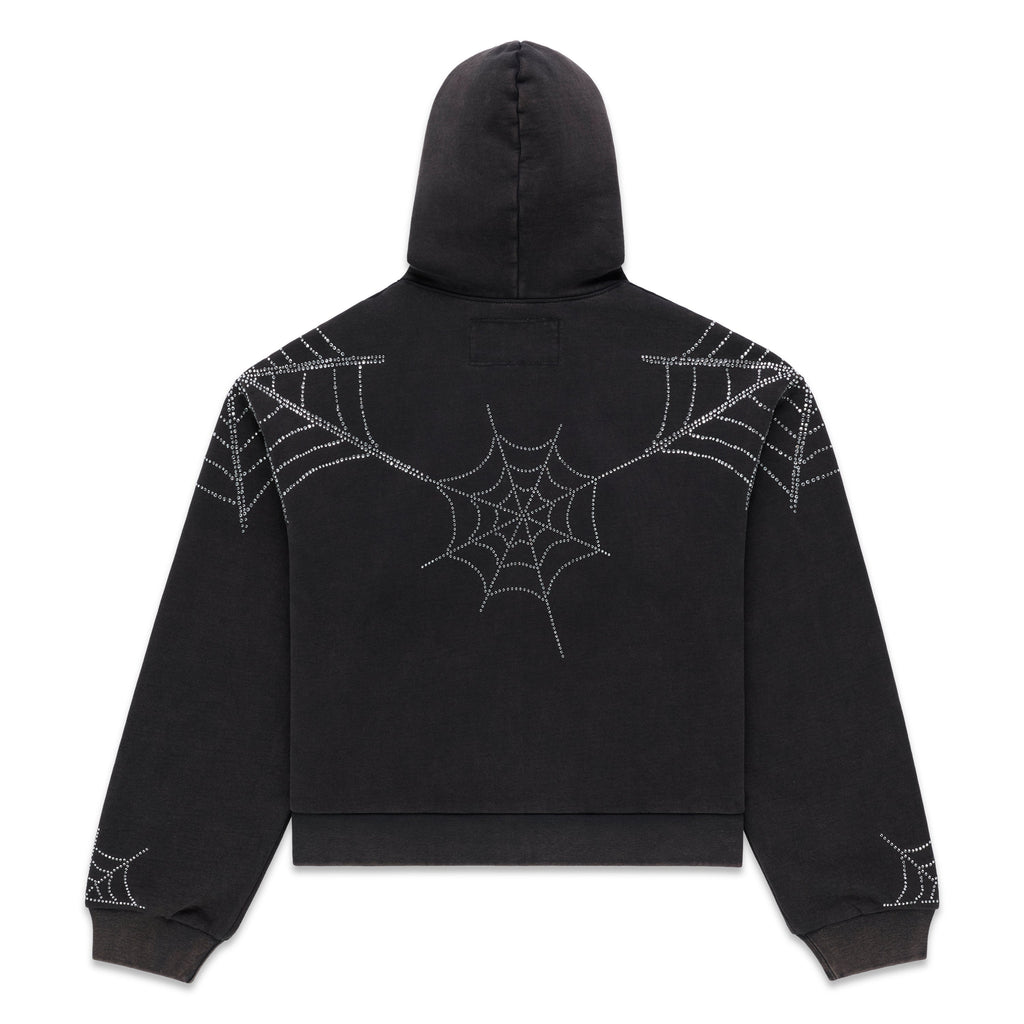 Sp5der Rhinestone Web Zip Hoodie - Black