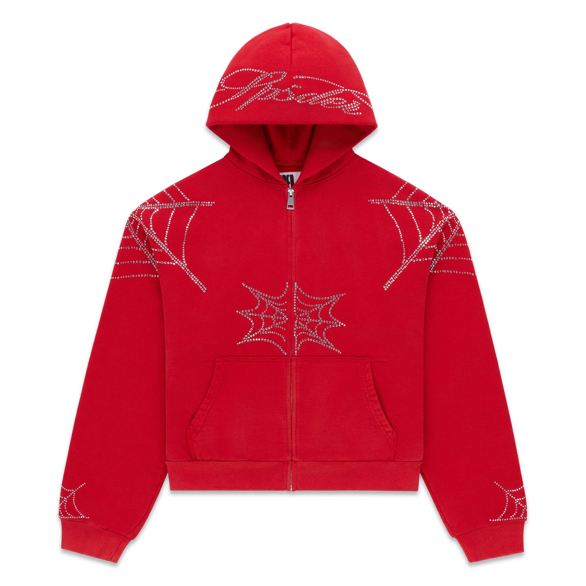 Sp5der Rhinestone Web Zip Hoodie - Red
