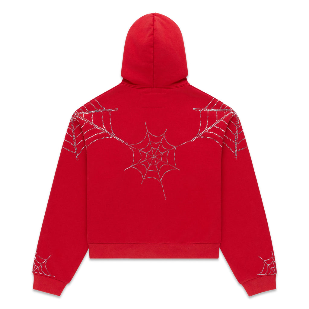 Sp5der Rhinestone Web Zip Hoodie - Red