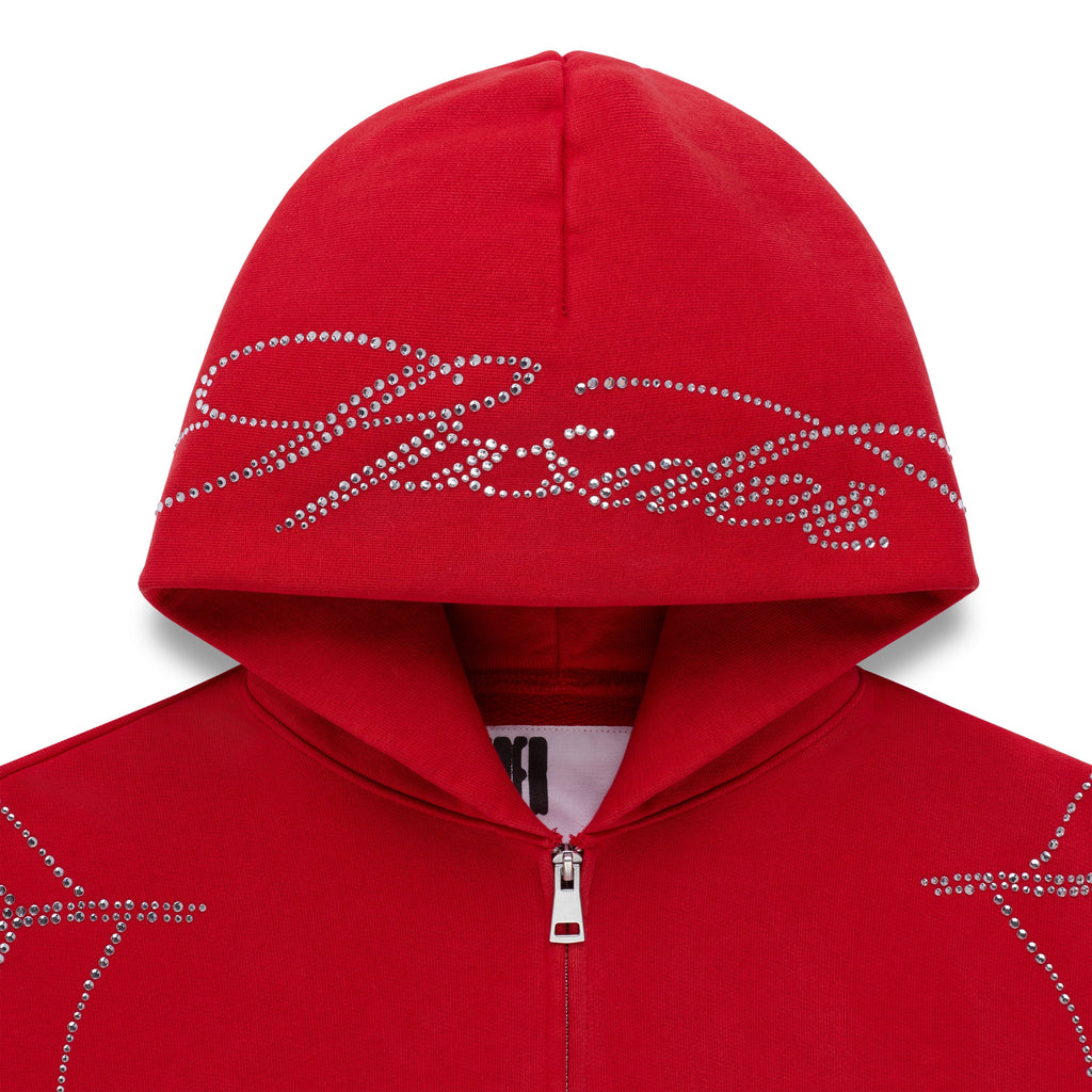 Sp5der Rhinestone Web Zip Hoodie - Red