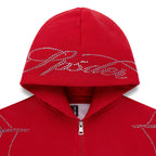 Sp5der Rhinestone Web Zip Hoodie - Red