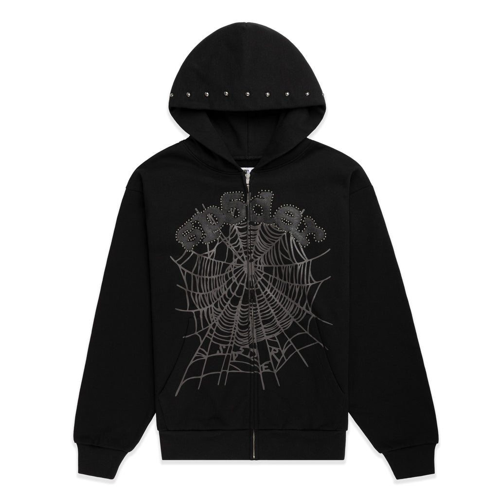 Sp5der Og Web Studded Zip Hoodie - Black