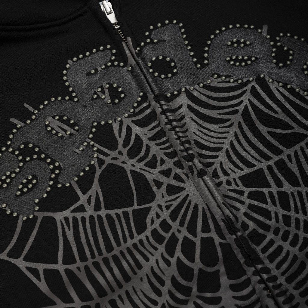 Sp5der Og Web Studded Zip Hoodie - Black