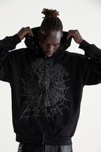 Sp5der Og Web Studded Zip Hoodie - Black