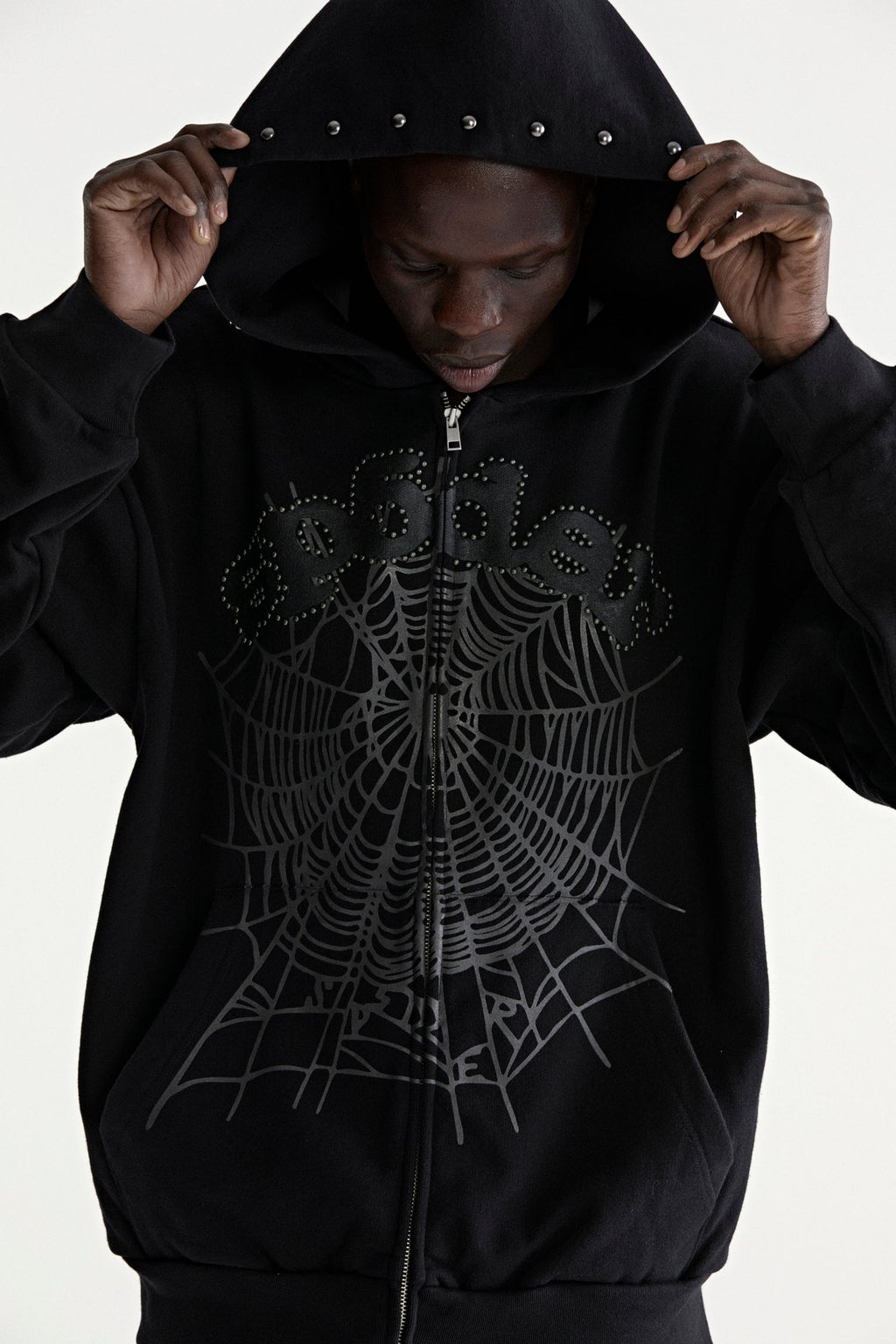 Sp5der Og Web Studded Zip Hoodie - Black