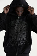 Sp5der Og Web Studded Zip Hoodie - Black