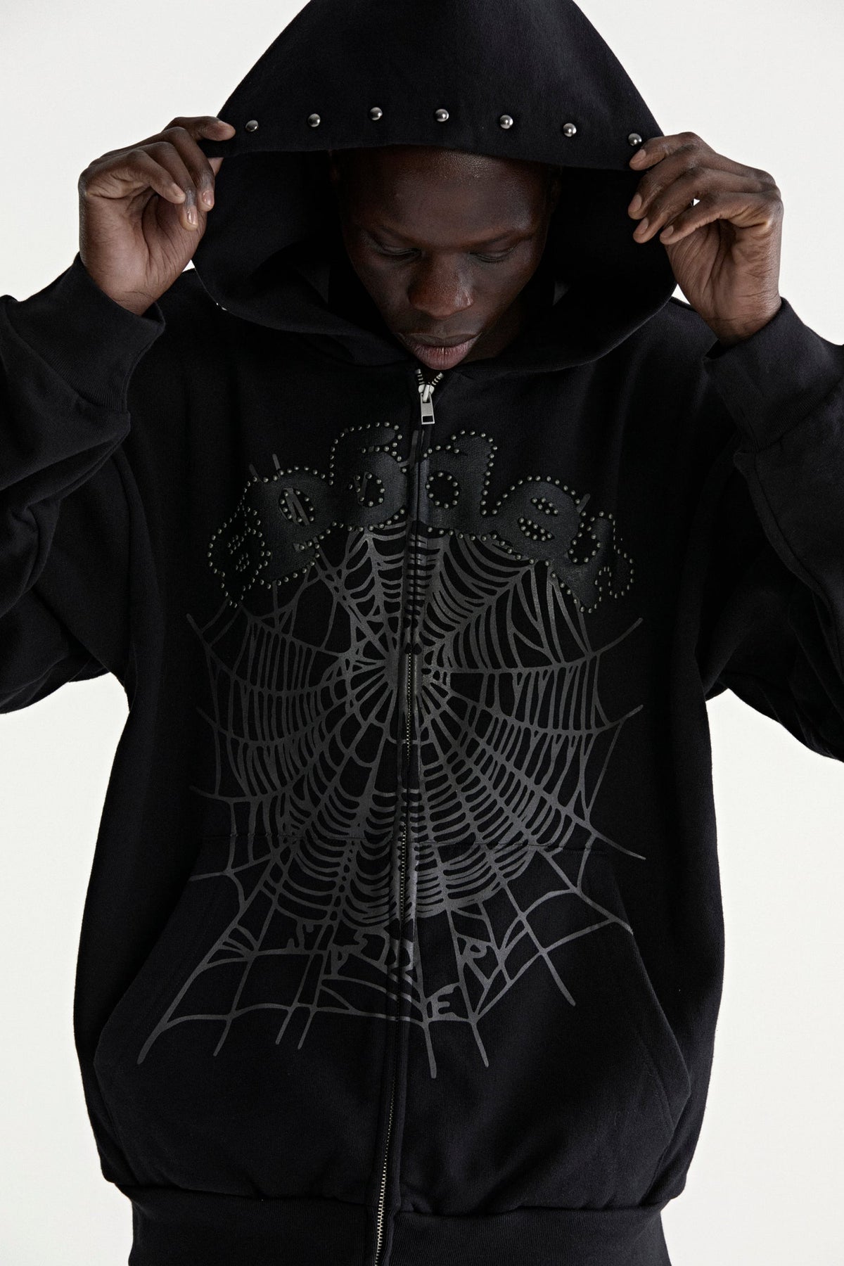 Sp5der Og Web Studded Zip Hoodie - Black