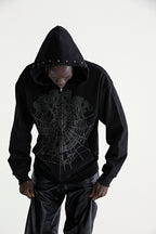 Sp5der Og Web Studded Zip Hoodie - Black