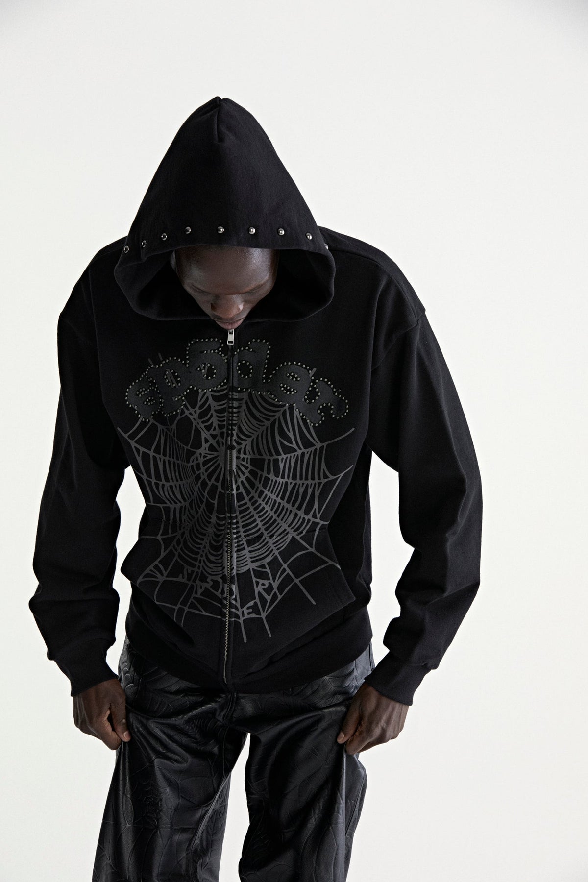 Sp5der Og Web Studded Zip Hoodie - Black