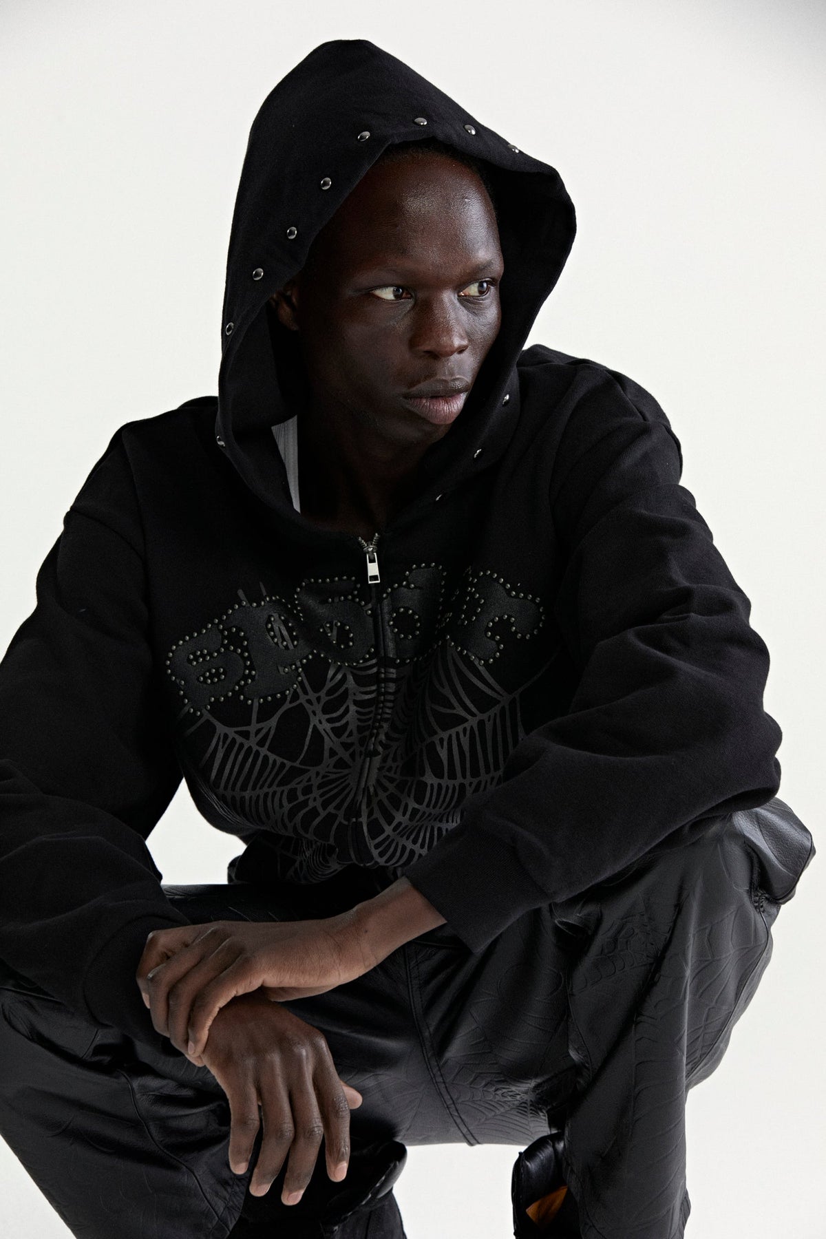 Sp5der Og Web Studded Zip Hoodie - Black