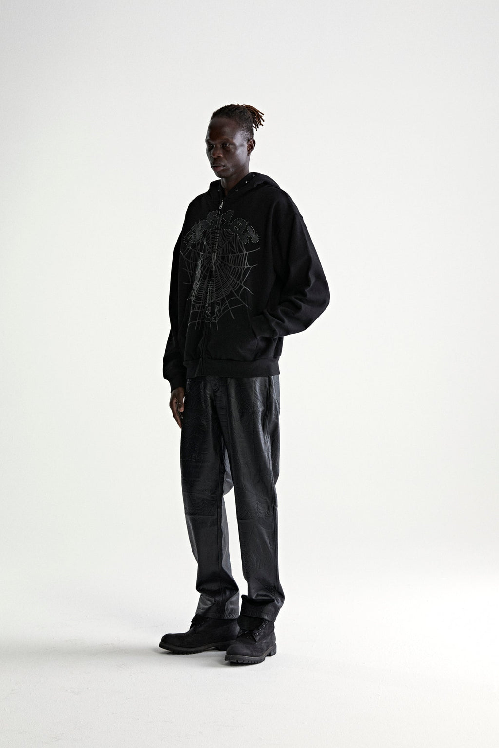 Sp5der Og Web Studded Zip Hoodie - Black