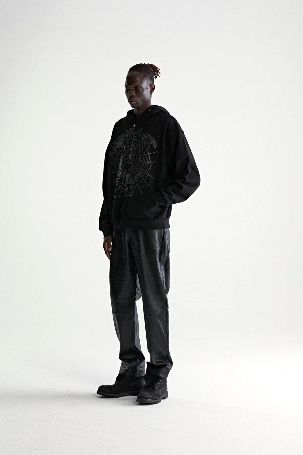 Sp5der Og Web Studded Zip Hoodie - Black