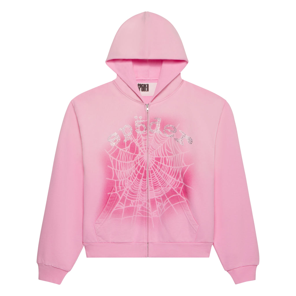 Sp5der Og Web V2 Spray Zip Hoodie - Light Pink